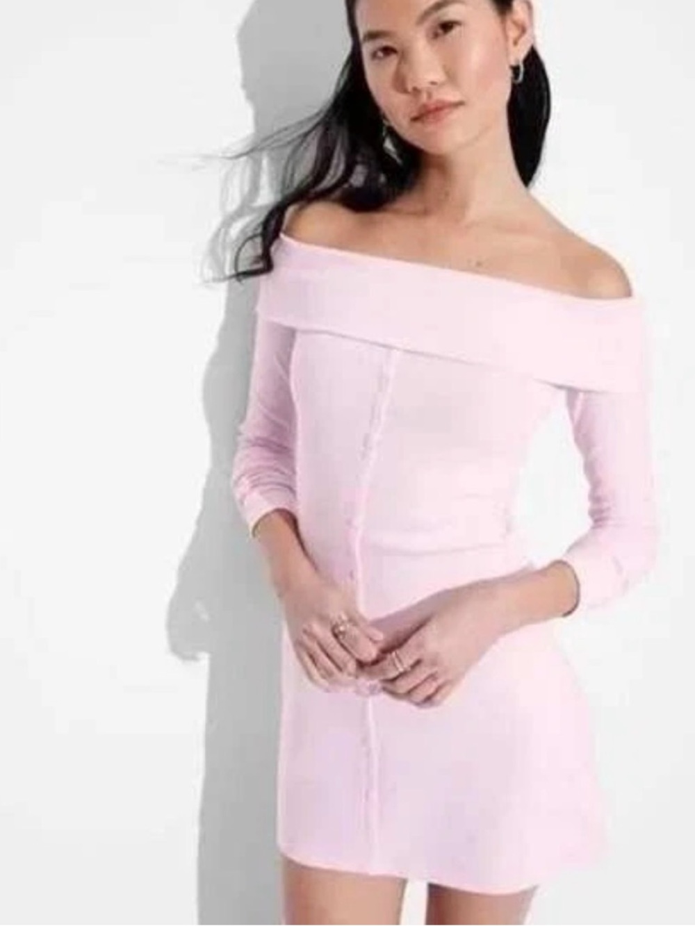 Wild Fable Womens Pink Ribbed Off Shoulder Long Sleeve Button Front Dress
